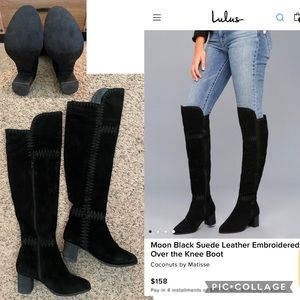 Coconuts Moon Black Suede Leather Embroidered Over the Knee Boots